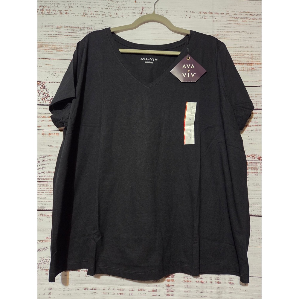 Ava & Viv Womens Black V-Neck Short Sleeve T-Shirt Plus Size 1X 18 Cotton Blend